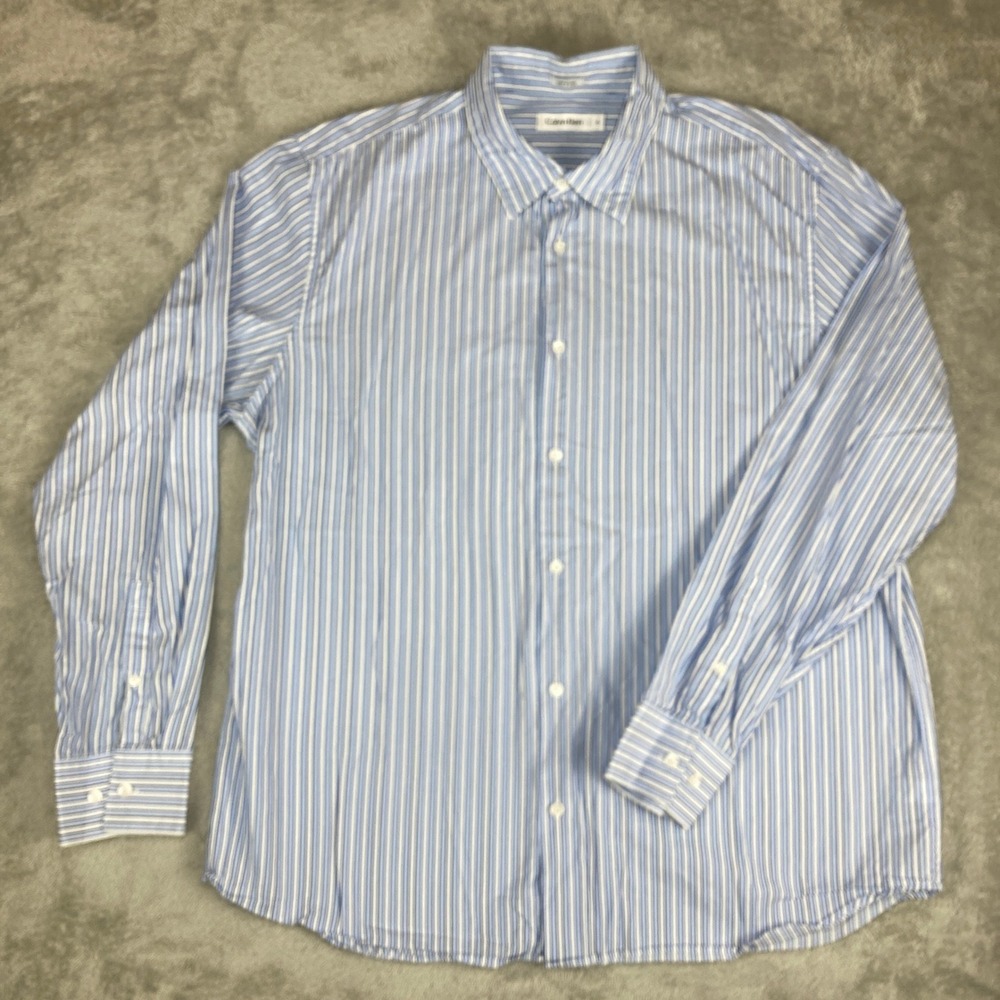 Calvin Klein‎ Men's XL Blue White Stripe Button Down Dress Shirt 100% Cotton